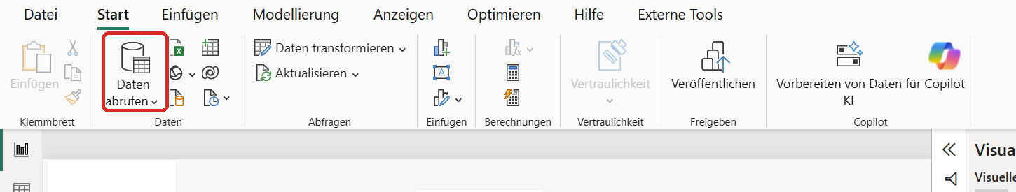 Menüband „Start" — der rote Rahmen zeigt „Daten abrufen".
