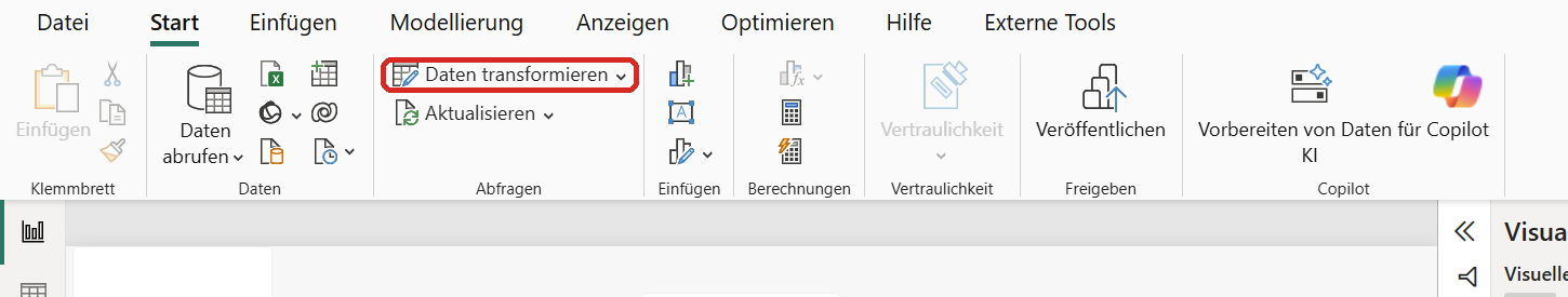 Derselbe Menüband-Bereich — jetzt ist „Daten transformieren" markiert.