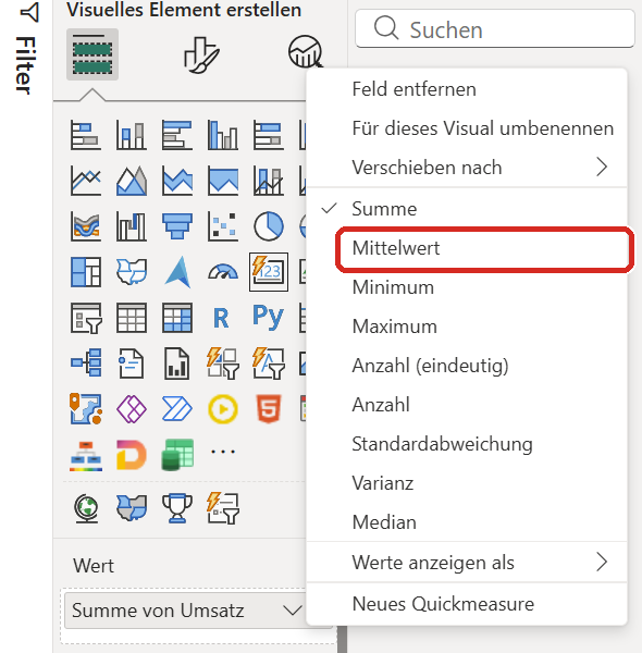 Das aufgeklappte Menü — „Mittelwert“ ist der Eintrag, den du brauchst.
