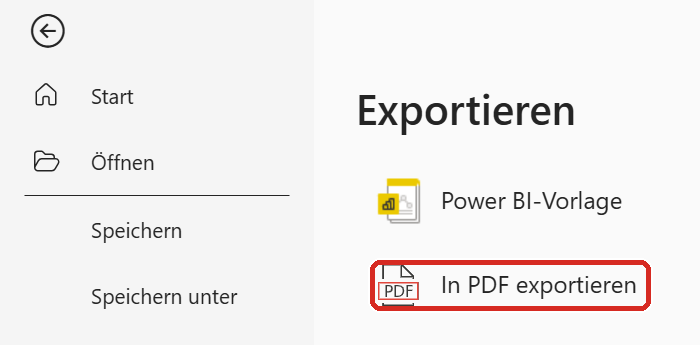 Datei → Exportieren — markiert ist „In PDF exportieren“.
